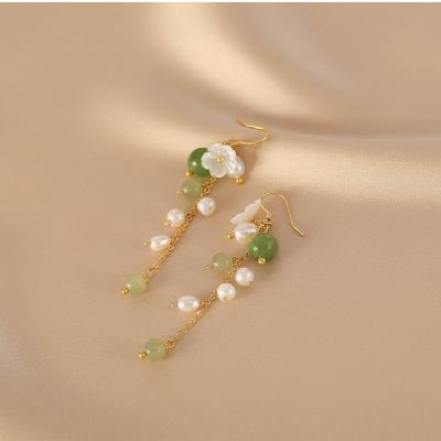 China FASHIONABLE Green Hetian Jade Natural Stone Flower Tassel Earring For Women Freshwater Pearl Long Strand Earring for sale