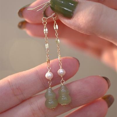 China Natural Freshwater Hetian Jade Long Tassel Earring For Women Green Color Stone Vintage Pearl Earring For Women for sale