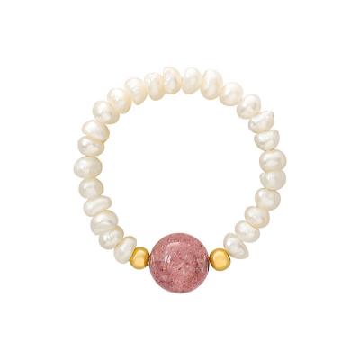 China Cute Pink Color Ins Natural Stone Beads Charm Rings For Women Pearl Elastic Freshwater Rings for sale