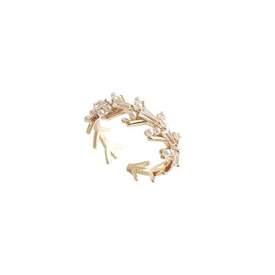 China CLASSIC 14K Gold Plated Brass Statement Rings Simulated Pearl Full Shiny Zircon Branches Open Finger Ring for sale