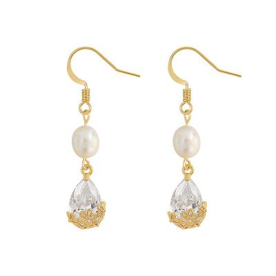 China TRENDY Freshwater Pearl Long Drop Earrings For Women Shiny CZ Zircon Water Drop Earring for sale