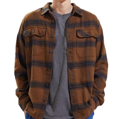 China New Coming Winter Classic Men's Anti-Pilling Fleece Brown Plaid Shirt Overshirt Long Sleeve With Custom Logo for sale