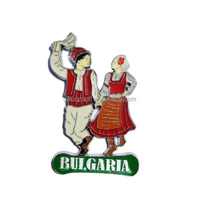 China Nickel Free Bulgaria Metal Enamel Magnets Couple Dancing In National Dress And Map Of Bulgaria Souvenir Magnets for sale