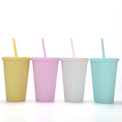 China Mazoho Sustainable Hot Sale Stocked 16 Ounce Colorful Mugs With Lids And Straws BPA Free Double Wall Matte Plastic Tumblers for sale