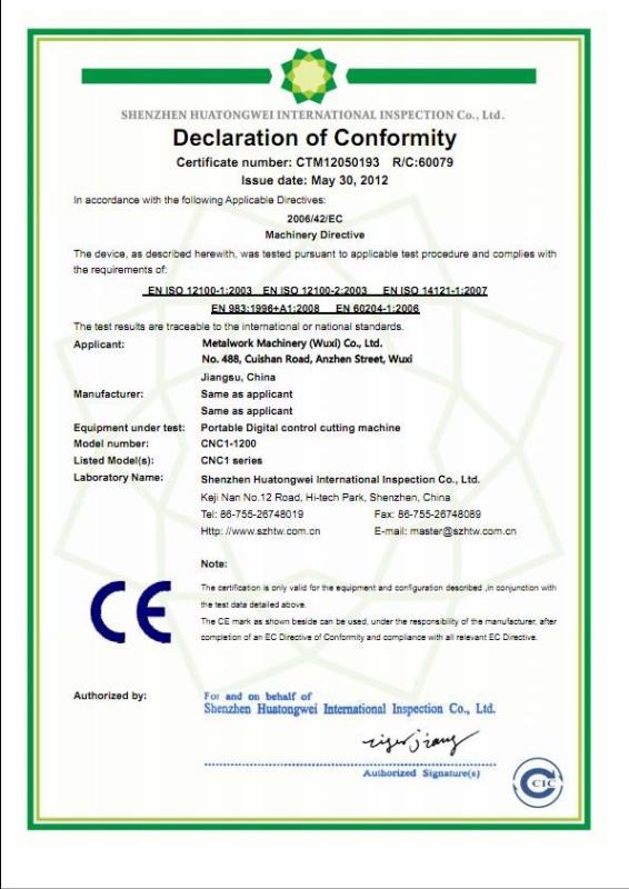 CE Certificate - METALWORK MACHINERY (WUXI) CO.LTD