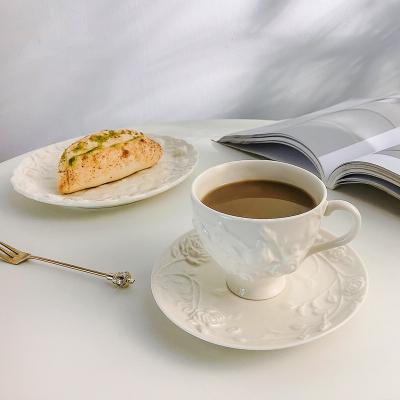 China Retro Stocked Restaurant Coffee Cups and Saucers Set Embossed Dim Sum Dish Coffee Set Steam Pitcher Tea Cup and Saucer Porcelain for sale