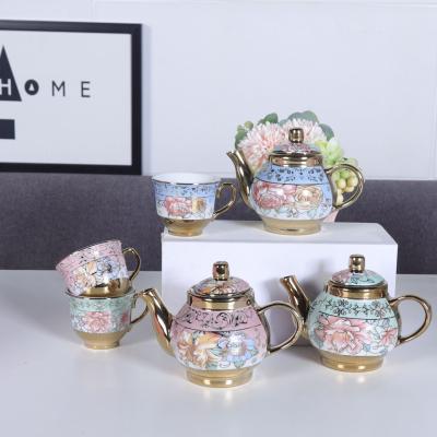 China Qian HU vintage style teapot and coffee cup flower customization stocked ceramic stone logo for gift one set for sale