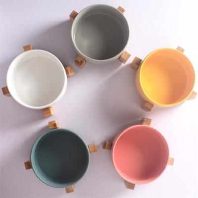 China QIAN HU Fashion Sustainable Design Around Nordic Ceramic Pet Bowl Food And Water Pet Bowls With Wooden Stand for sale