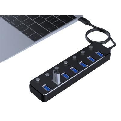 China 7 Port USB Hub New Aluminum Alloy 7 Port USB 3.0 Port Hub High-Speed ​​Data Transfer Hub Splitter with On/Off Switches and LED for sale