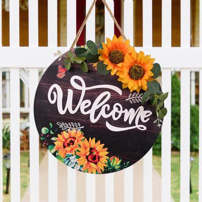 China Wlecome New Amazon Wooden Sunflower Decorative Wreath Autumn Front Door Wreath Decorations For All Seasons for sale