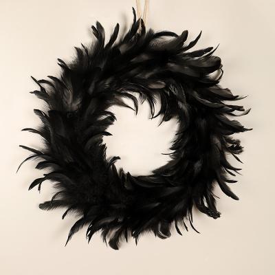 China Decorations Wholesale Garland Front Door Wreath Pendant Amazone Halloween Decoration Black Feather Wreath for sale