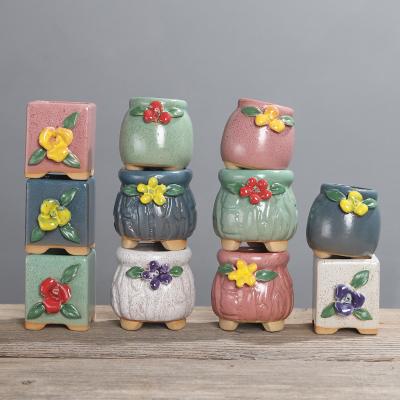 China Korean Style Painted Succulent Ceramic Pot Hand-Kneaded Flower Mini Flower Pot Wholesale New Chinese Style Small Flower Pot for sale