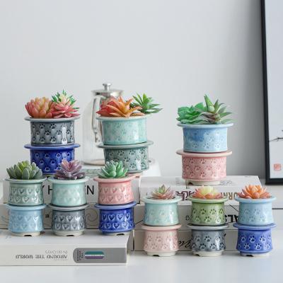 China New Chinese style flower pot creative succulent handmade seal embossed candy color plant ceramic simple succulent pot for sale