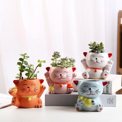 China Hot Selling Cute Creative Cartoon Lucky Cat Ceramic Succulent Flower Pot Flower Pot Container Animal Ornament for sale