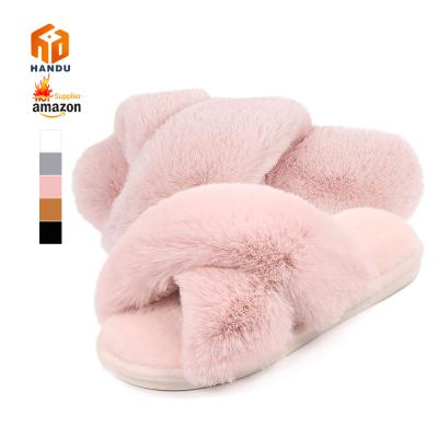 China Lightweight Women Soft Plush Rabbit Fur Hairy Comfortable House Shoes Cross Band Slippers Open To Toe Non-slip Toes for sale