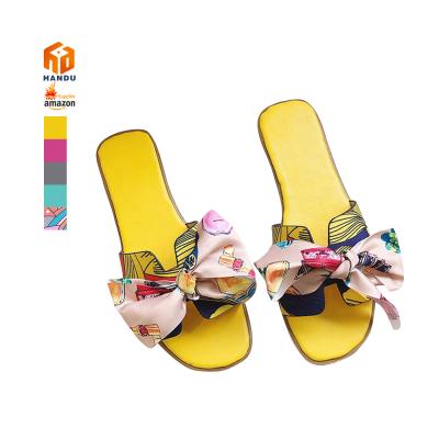 China Wholesale popular fashion 2021 trend bow decoration ladies slip sandal slides women indoor outdoor printed flat slipper for sale