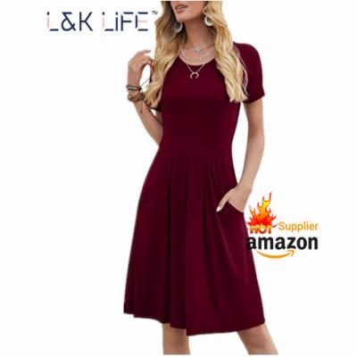 China Breathable Short Sleeve Knee Length Casual Solid Color Ladies Dress Party Dresses for sale