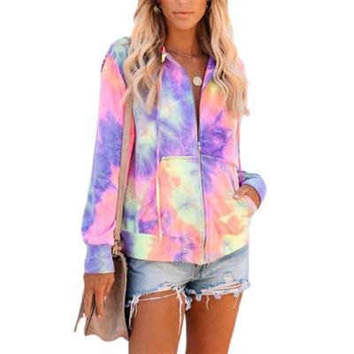 China QUICK DRY Women's Full Zipper Hoodies Full Sleeve Tie Dye Printed Drawstring Pullover Sweatshirts Longs With Pocket for sale