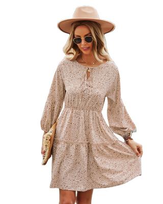 China Polka Spring Women's Long Sleeve Ruffle Edge Lacing Dresses Dot Round Collar High Waist Breathable Long Dress for sale