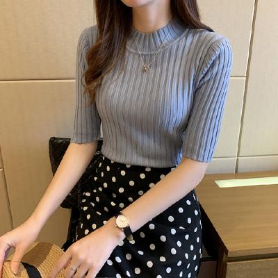 China 2021 Anti-wrinkle Korea sweater knitted half sleeve knitted sweater women spring new solid casual base thin base female knitting shirts for sale