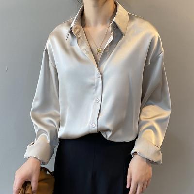 China Lady Long Sleeves Female Soft Solid Button Up Loose Satin Silk Women's Blouses And Shirts Shirts for sale