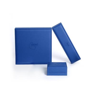 China 2022 Eco-Friendly New High Quality Custom PU Leather Blue Box For Gift Packing Ring Earring Studs Necklace Bracelet Pendant Jewelry Box for sale