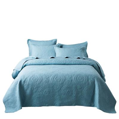 China Viable Lake Blue Quilted Bedspread Pillow Case Three Piece Set Solid Color Single Bedspread With European Cotton Mattress Double for sale