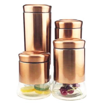 China Freshness Storage Jar Candy Tea Nut Coffee Glass Container with Wrap Iron Sheet Iron Lid and Screws Chocolate Color Set for sale