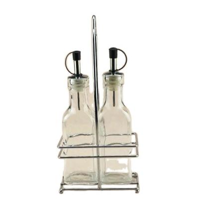 China 2pcs 200ml Food Square Glass Oil Bottle With Pour Lid And Metal Holder Set for sale