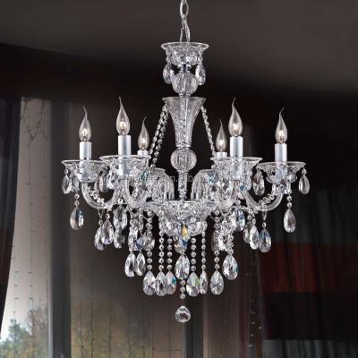 China Modern Art Unique Wedding Clear Crystal Chandelier Pendant Light with E14 Base 6 Candle Hamulus Bulb for sale