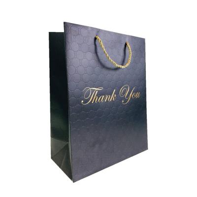 China Quality Recyclable Heavy Duty Carrier Custom Matte Embossed Large Recycled Thank You Gift Bag Black Paper Shopping Bags With Handles for sale