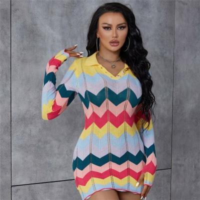 China Breathable Fashion Long Sleeve Button Maxi Dress Knitted Striped Patchwork Mini Dress Women Casual Hollow Out Lady Streetwear Knitted Dress for sale