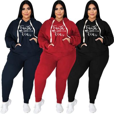 China New Coming QUICK DRY XL-5XL Plus Size Women's Clothing Letter Print Overalls Casual Long Sleeve Hooded Ladies Two Piece Set for sale