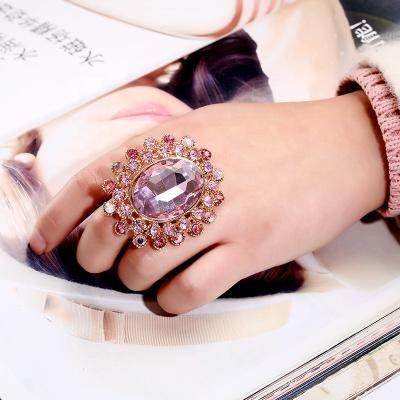 China Elegant Charming Chunky Gold-color Colorful Rhinestone Exaggerated Crystal Adjustable Wedding Rings For Women Statement Jewelry for sale