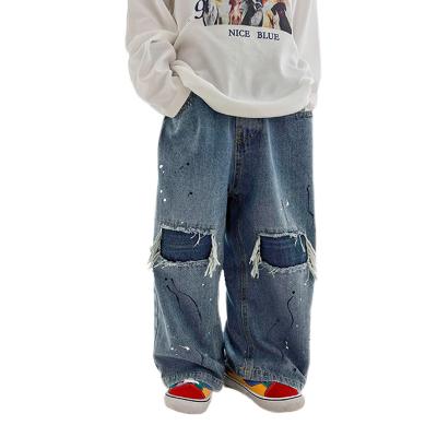 China Color Fade Proof 2022  new pattern Trendy hole style Oversize jeans for Children for sale