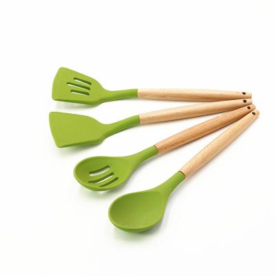 China Viable Wholesale Cheap Silicone Spoon Set With Wooden Handle Kitchenware for sale