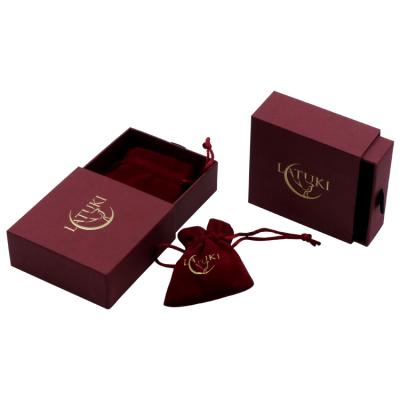 China 2021 Recycled Materials Jewelry Package Set Logo Printed Velvet Pouch Light Pink Customize Slip Pouch and Cardboard Jewelry Box for sale