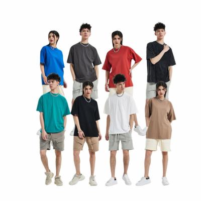 China Hot Selling Oversize Outdoor Sportswear Custom Heavyweight Anti-wrinkle 250g White Cotton Drop Neck Round T-shirt For Men for sale