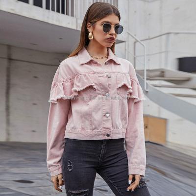 China Breathable Vintage Washed Ruffles Pink Cotton Casual Womens Denim Denim Jackets Coats for sale