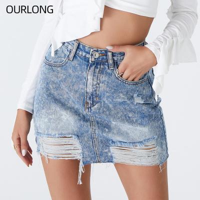 China OURLONG Anti-Static Blue Ripped Jeans Hole Short Mini Denim Skirts Women Casual Summer for sale