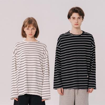 China Breathable Basic Timeless Striped Casual Loose Striped Long Sleeve Cotton Top Fit Tees For Women for sale