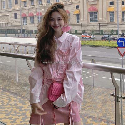 China Pink Anti-pilling Loose Korean Clothes Long Sleeve Ruched Casual Women Shirts Blouses Tops for sale