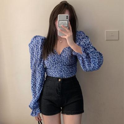 China Women Blue Blouses Ladies Long Sleeve Breathable Anti-Pilling Soft Floral Printing Long Sleeve Top Casual Shirts for sale