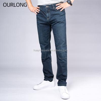 China OURLONG Breathable Blue Cotton Denim Pants Mens Appliques Tapered Stacked Casual Jeans Pants Trousers for sale