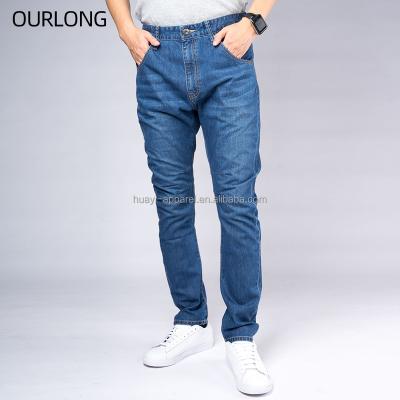 China OURLONG Breathable Casual Blue Washed Cotton Denim Tapered Slim Fit Mens Trousers Pants Jeans for sale