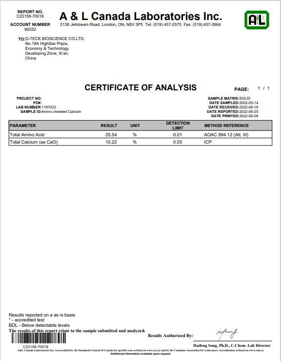 A&L Test For Amino Acid Chelated Ca - G-Teck BioScience