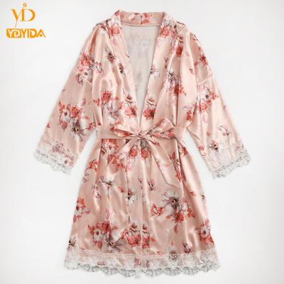 China QUICK DRY Summer Women's Nightgown Floral Lady Silk Bathrobe Three Pieces Lace Set Sexy Sleepwear for sale