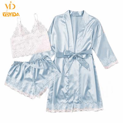 China 2021 new QUICK DRY three pieces lace floral trim sexy pajamas stretch satin pink striped jacket to lace up sexy costume sleepwear for sale