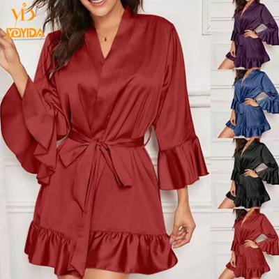 China New Women Satin Robe Sleeve Ruffle Edge QUICK DRY Nightgowns Loosely and Comfortable Lady Sexy Lace Sleepwear for sale