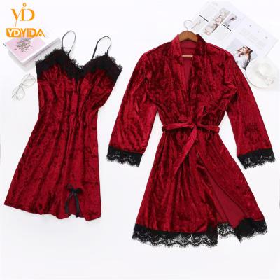 China Two Pieces Pajamas Set Lace Sling V Lace Casual Deep Nightgowns QUICK DRY Sleepwear Home Wear Sexy Velvet Women for sale